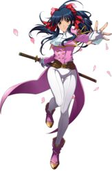  artist_request ascot black_hair bow brown_eyes cherry_blossoms closed_mouth female fingerless_gloves floating_hair full_body gloves hairbow highres holding holding_sheath jacket katana langrisser langrisser_mobile long_hair long_sleeves looking_at_viewer official_art pants pink_footwear ponytail sakura_taisen sheath sheathed shinguuji_sakura smile solo standing sword thigh_gap third-party_source tight_clothes tight_pants transparent_background weapon white_ascot white_gloves white_pants 