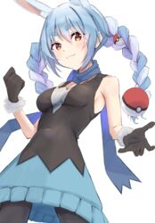  animal_ears blue_hair blue_scarf braid breasts closed_mouth commentary cosplay dawn_(pokemon) dawn_(pokemon)_(cosplay) female from_below gloves hair_ornament highres hololive long_hair multicolored_hair naka1379 orange_eyes pantyhose poke_ball poke_ball_(basic) pokemon pokemon_bdsp rabbit_ears rabbit_girl scarf shirt short_eyebrows skirt sleeveless sleeveless_shirt smile solo thick_eyebrows twin_braids twintails two-tone_hair usada_pekora virtual_youtuber white_hair 