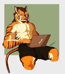  absurd_res anthro black_bottomwear black_clothing black_shorts bone bottomwear clothing depictionexpress felid feline hi_res laptop_on_lap male mammal muscular muscular_anthro muscular_male nipples pantherine resting_bitch_face shorts sitting solo tiger 