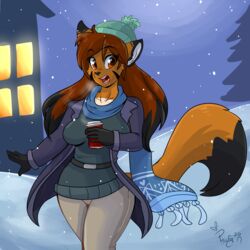  1:1 absurd_res anthro beverage breasts building canid canine clothed clothing coat felid female fox fully_clothed fulvus hat headgear headwear hi_res house hybrid mammal pantherine phuufy scarf snow solo tiger topwear 