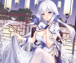  anthro aqua_eyes azur_lane blush breasts building chinese_clothes chinese_dress cleavage cropped fan illustrious_(azur_lane) long_hair ribbons ririko sky stars thighhighs twintails white_hair 