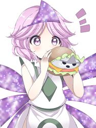  1other androgynous bare_shoulders burger commentary_request cowboy_shot eating food ghost highres japanese_clothes len&#039;en other_focus ougi_hina pink_hair purple_eyes shion_(len&#039;en) short_hair simple_background triangular_headpiece white_background wings 