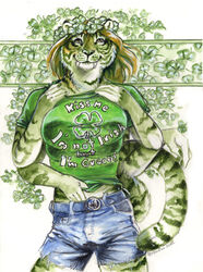  4_arms 4_breasts anthro bottomwear breasts bulge clothing english_text fangs felid fur giada green_body green_fur gynomorph hand_in_shorts heather_bruton intersex looking_at_viewer mammal multi_arm multi_breast multi_limb multifur pantherine sabertooth_(anatomy) shamrock shirt shorts smile solo stripes supernumerary_breasts t-shirt tail teeth text tiger topwear 