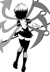  asymmetrical_wings back_cutout black_thighhighs clothing_cutout female from_behind full_body holding holding_polearm holding_weapon houjuu_nue kikoka_(mizuumi) monochrome polearm short_hair simple_background snake_armband solo thighhighs touhou weapon white_background wings 