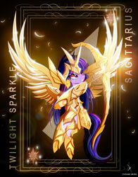  2021 absurd_res alicorn armor arrow_(weapon) blue_body bow_(weapon) cloth_(saint_seiya) cosplay crossover crossover_cosplay cutie_mark english_text equid equine feathers female feral flying friendship_is_magic glowing gold_(metal) hair hasbro hi_res horn mammal multicolored_hair my_little_pony mythological_creature mythological_equine mythology pink_hair purple_eyes purple_hair ranged_weapon sagittarius_(zodiac) saint_seiya signature simple_background solo spread_wings text twilight_sparkle_(mlp) weapon western_zodiac wings zidanemina 