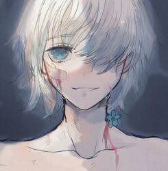  1boy bandaid bandaid_on_cheek bandaid_on_face blood blood_on_face blue_background blue_eyes blue_flower clip_studio_paint_(medium) collarbone crying crying_with_eyes_open english_commentary flower forget-me-not_(flower) hair_over_one_eye hoshi-pan implied_nudity looking_at_viewer open_mouth original sad_smile short_hair solo streaming_tears tears teeth upper_body white_hair 