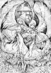  2girls daiyousei greyscale katzeh lily_white monochrome moon multiple_girls photoshop_(medium) torii touhou wings 