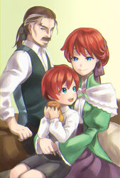  2boys aged_down blue_eyes brown_hair commentary_request family female grandfather_and_grandson grandmother_and_grandson hair_ornament kabane_(follabi) long_hair multiple_boys ponytail re:zero_kara_hajimeru_isekai_seikatsu red_hair reinhard_van_astrea short_hair sitting smile theresia_van_astrea vest wilhelm_(re:zero) 