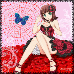  amami_haruka ariga_nao breasts brown_hair bug butterfly cleavage commentary_request dress female fingernails flower green_eyes hair_ornament idolmaster idolmaster_(classic) medium_breasts short_hair silk solo spider_web 