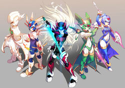  android blue_eyes blue_hair capcom cape copy_x ein_lee einlee energy_sword glowing glowing_eyes gungir harpuia hellbat_schilt helmet leviathan leviathan_(rockman) long_hair polearm red_eyes redesign rockman rockman_zero short_twintails spear sword thighhighs twin_blade twintails weapon white_hair z-saber zero zero_(rockman) 