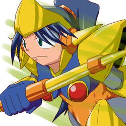  armor blue_hair breasts closed_mouth commentary_request enker_(mega_man) female from_side genderswap_(mtf) gloves green_eyes holding holding_polearm holding_weapon long_hair mega_man:_dr._wily&#039;s_revenge mega_man_(classic) mega_man_(series) polearm ponytail ranga rule_63 solo spear weapon white_background 