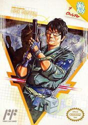  1boy antennae bad_id bad_link bad_twitter_id black_hair box_art cosplay famicom game_console glasses gun kojima_hideo male_focus metal_gear_(series) metal_gear_1 military military_uniform nintenboy nintendo otaku parody radio solid_snake solid_snake_(cosplay) solo uniform video_game weapon 