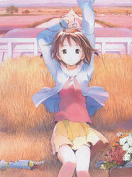  absurdres brown_eyes brown_hair female flower highres kikuchi_yume mahou_tsukai_ni_taisetsu_na_koto photoshop_(medium) scan skirt solo yoshizuki_kumichi 