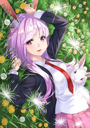  animal animal_ears animal_on_stomach arms_up blazer blush commentary_request dandelion dandelion_clock dandelion_seed dress_shirt extra_ears female flower grass jacket long_hair long_sleeves looking_at_viewer lying necktie on_back on_grass on_ground open_mouth outdoors purple_hair rabbit rabbit_ears red_eyes red_necktie reisen_udongein_inaba shirt skirt smile solo touhou unowen white_flower yellow_flower 