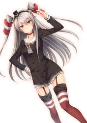  amatsukaze_(kancolle) brown_eyes commentary_request dress female garter_straps grey_hair kantai_collection koyoka long_hair looking_at_viewer red_thighhighs sailor_dress short_dress simple_background solo striped_clothes striped_thighhighs thighhighs two_side_up zettai_ryouiki 