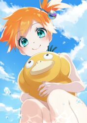  blue_eyes blue_sky blush bubble cloud commentary_request day female gen_(gen_m_gen) highres kasumi_(pokemon) looking_at_viewer orange_hair outdoors pokemon pokemon_(anime) pokemon_(classic_anime) pokemon_(creature) psyduck side_ponytail sitting sky smile sparkle water 