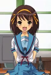  animated animated animated bangs blush bouncing_breasts breasts brown_hair computer happy indoors looking_at_viewer lowres open_mouth pc ribbon riding_machine school_uniform short_hair smile solo suzumiya_haruhi suzumiya_haruhi_no_yuuutsu yellow_eyes 