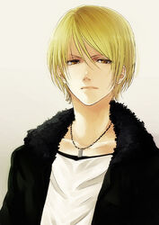  1boy blonde_hair brown_eyes commentary_request fur_collar jacket jewelry kanameyura male_focus necklace photoshop_(medium) solo tonari_no_kaibutsu-kun yamaguchi_kenji 