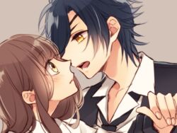  1boy black_hair brown_hair commentary_request female female_saniwa_(touken_ranbu) necktie open_mouth rio_(rio_01) saniwa_(touken_ranbu) shokudaikiri_mitsutada touken_ranbu upper_body yellow_eyes 