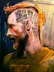  1boy alien_(series) beard closed_eyes commentary_request facial_hair fifield male_focus mohawk orange_hair oz_(cigarettes) portrait profile prometheus_(movie) realistic science_fiction shirt solo tattoo weyland-yutani 