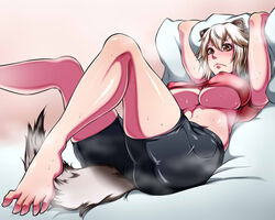  animal_ears badger_ears badger_girl badger_tail barefoot bike_shorts breasts brown_eyes cameltoe commentary_request feet female frown kanta_(x-tei) killing_bites large_breasts lying on_back pillow plump short_hair silver_hair solo steam sweat tail thighs underboob uzaki_hitomi 