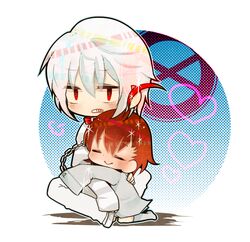  1boy accelerator_(toaru_majutsu_no_index) albino brown_hair chains chibi closed_eyes commentary_request female hug last_order_(toaru_majutsu_no_index) mami_(sweetcandy) red_eyes short_hair toaru_majutsu_no_index white_hair 