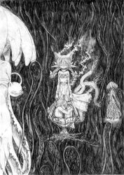  2girls animal_ears braid cat_ears closed_eyes crossover eyeball greyscale kaenbyou_rin katzeh madotsuki monochrome multiple_girls photoshop_(medium) tail touhou twin_braids wheelbarrow yume_nikki 