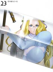  bakunyuu blonde_hair blue_eyes breasts cap fighting_stance flail glasses hat highres holding huge_breasts long_hair looking_at_viewer melpha nun queen&#039;s_blade reflection shield solo sword weapon zundarepon 