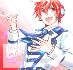  1boy arsloid bad_id bad_pixiv_id bandaid bandaid_on_face character_name dated fmi_(ksmkt52) gradient_background headphones male_focus pointing pointing_up red_hair school_uniform smile solo twitter_username upper_body vocaloid 