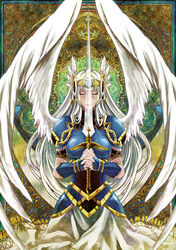  angel_wings armor armored_dress bad_id bad_pixiv_id blue_armor closed_eyes female helmet lenneth_valkyrie pochiharu silver_hair solo sword valkyrie_profile_(series) weapon wings 