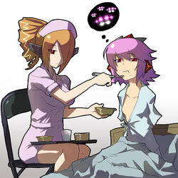  2girls amputee brown_hair commentary_request cosmic_break drill_hair feeding gameplay_mechanics hair_over_one_eye misty_hollow multiple_girls nurse partial_commentary pink_hair red_eyes skj spoon winberrl 