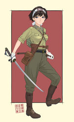  ankle_boots belt between_breasts black_hair blue_eyes boots breast_pocket breasts buttons commentary_request female gaiters gloves hachimaki headband helmet highres holster imperial_japanese_army japan katana looking_to_the_side medium_hair military military_uniform original pocket pouch scabbard sheath short_hair signature sino_(mechanized_gallery) sleeves_rolled_up soldier solo strap_between_breasts sword uniform unsheathed unworn_headwear unworn_helmet weapon white_gloves world_war_ii 