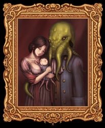  baby bad_id bad_pixiv_id breasts burunuu_(bullnukko) couple cthulhu cthulhu_mythos family female framed highres hug if_they_mated medium_breasts monster no_nose painting_(object) parody picture_frame pride_and_prejudice revision skull straight tentacle 