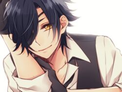  1boy black_gloves black_hair commentary_request eyepatch gloves male_focus rio_(rio_01) shokudaikiri_mitsutada smile solo touken_ranbu upper_body yellow_eyes 