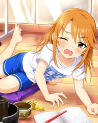  card_(medium) chasen feet female frown idolmaster idolmaster_cinderella_girls indoors official_art one_eye_closed open_mouth orange_hair purple_eyes shirt short_hair shorts solo t-shirt yuuki_haru 