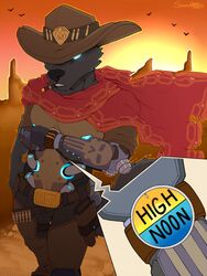  2016 3:4 alternate_species ammo_belt anthro belt biped black_body black_fur black_nose blizzard_entertainment blue_eyes bullet canid canine canis cigar clock clothed clothing cole_cassidy cowboy_hat cutaway detailed_background digital_media_(artwork) english_text front_view fur furrification glowing glowing_eyes hat headgear headwear hi_res high_noon holster looking_down male mammal overwatch poncho portrait signature smoking solo spazzyhusky standing sun teeth text three-quarter_portrait watch western wolf 