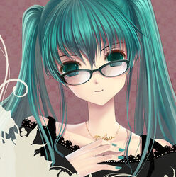  aqua_eyes aqua_hair aqua_nails bad_id bad_pixiv_id closed_mouth female glasses hatsune_miku long_hair nail_polish ouka_mai portrait smile solo twintails vocaloid 