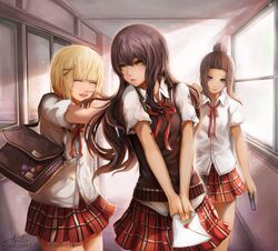  3girls :d ^_^ aionlights artist_name bad_deviantart_id bad_id bag black_hair blonde_hair blush brown_eyes brown_hair cellphone closed_eyes dust hair_ornament hairclip hallway heart indoors letter light love_letter multiple_girls open_mouth original own_hands_together phone purple_eyes pushing school school_bag school_uniform shirt smile watermark web_address white_shirt window 