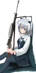  animal_ears bipod cat_ears cat_girl commentary_request dp-27 female green_eyes grey_hair gun kcme machine_gun military military_uniform necktie pantyhose rifle sanya_v._litvyak short_hair sitting solo strike_witches uniform weapon world_witches_series 