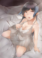  bare_shoulders bed black_hair breasts commentary dress female from_above grey_dress hand_on_own_chest horns komihira large_breasts long_hair open_mouth original pointy_ears red_eyes sitting solo tongue tongue_out 