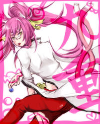  animal_ears arc_system_works blazblue candy cat_ears cat_eyes cat_tail female glasses iyo_(ichi_yo) kokonoe labcoat lollipop long_hair looking_back multiple_tails pants pink_hair ponytail ribbon slit_pupils solo tail tongue white_background yellow_eyes yellow_ribbon 