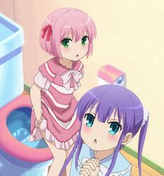  2girls :o anime_screenshot blue_eyes chestnut_mouth danchigai green_eyes highres multiple_girls nakano_satsuki nakano_uzuki non-web_source own_hands_clasped own_hands_together pink_hair purple_hair siblings toilet twins 