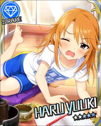  barefoot card_(medium) character_name chasen feet female frown idolmaster idolmaster_cinderella_girls official_art one_eye_closed open_mouth orange_hair purple_eyes shirt shorts solo t-shirt yuuki_haru 