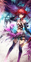  bare_shoulders belt black_gloves black_thighhighs chromatic_aberration closed_mouth commentary_request creature crystal cybele_(lord_of_vermilion) detached_collar female flower frown fumo gloves hand_in_own_hair hand_up highres long_hair looking_at_viewer lord_of_vermilion midriff navel red_eyes red_hair red_ribbon revealing_clothes ribbon solo thigh_strap thighhighs weapon 