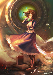  bag bioshock_(series) bioshock_infinite bird blue_eyes boots breasts brown_hair choker cleavage commentary_request dated dress elizabeth_(bioshock_infinite) female highres inoi medium_breasts photoshop_(medium) short_hair signature songbird_(bioshock_infinite) 