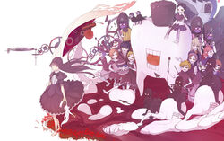  6+girls absurdres akemi_homura akemi_homura_(black_dress) barefoot black_hair clara_dolls_(madoka_magica) commentary_request dress flower funeral_dress gears glasses green_eyes hairband highres holding holding_needle kokoro6636 kyuubee liese_(madoka_magica) lilia_(madoka_magica) long_hair lotte_(madoka_magica) luiselotte_(madoka_magica) mahou_shoujo_madoka_magica mahou_shoujo_madoka_magica:_hangyaku_no_monogatari multicolored_eyes multiple_girls needle nut_(food) polearm purple_eyes red-framed_eyewear red_eyes ringed_eyes sharp_teeth simple_background smile spear spider_lily spoilers tears teeth weapon white_background 