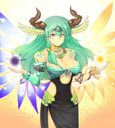  alternate_costume alternate_form alternate_hairstyle armlet asymmetrical_wings bare_shoulders breasts caam_serenity_of_gusto choker cleavage commentary cosplay covered_navel dark duel_monster female green_hair head_wings headgear heterochromia horns jewelry large_breasts light long_hair looking_at_viewer nasuka@hiyokko original pendant smile sophia_goddess_of_rebirth sophia_goddess_of_rebirth_(cosplay) tattoo wings yu-gi-oh! 