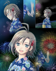  aerial_fireworks ariga_nao blush commentary_request crossed_arms female fireworks flower hair_ornament idolmaster idolmaster_(classic) idolmaster_2 japanese_clothes kikuchi_makoto kimono md5_mismatch open_mouth own_hands_clasped own_hands_together smile 