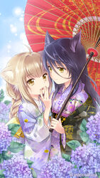  2girls :d ahoge amano_sakuya animal_ears black_hair blonde_hair braid brown_eyes closed_mouth cowboy_shot day floral_print flower fox_ears hair_between_eyes highres holding holding_umbrella hydrangea japanese_clothes kimono konohana_kitan long_hair long_sleeves looking_at_another multiple_girls obi oerba_yun_fang official_art oil-paper_umbrella open_mouth outdoors rain sash satsuki_(konohana_kitan) smile standing twitter_username umbrella wide_sleeves yellow_eyes yuri yuzu_(konohana_kitan) 