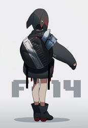  absurdres ace_combat ace_combat_5 aviator_cap backpack bag bare_legs black_footwear black_hair boots commentary fami_(yellow_skies) female from_behind highres hood hoodie original razgriz short_hair sleeves_past_wrists solo 